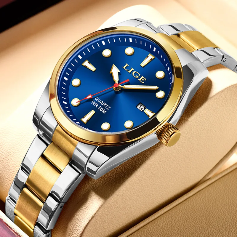 LIGE 89127 Multifunctional Chronograph Leather Luxury Waterproof Sport Wristwatch (Blue)